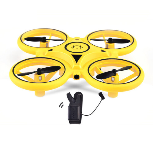 Drone amarelo controlado por gestos, com luzes LED e luzes de LED.