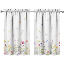 Floral Kitchen Curtains White Short Tier 2 Panels 27.5 x 39