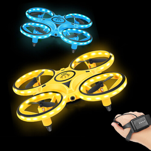 Drone amarelo controlado por gestos, com luzes LED e luzes de LED. 2