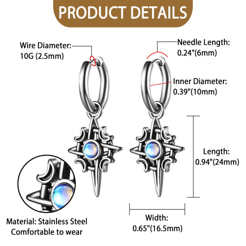 North Star Dangle Earring Stainless Steel Gothic Hinged Hoop 1