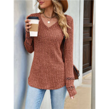 Damen-Langarmshirt mit V-Ausschnitt, Manschetten, Tunika, Elegant, Abgerundeter Saum, Lässiger Pullover Orange-Rot M
