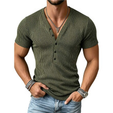 Herren-Rippstrickhemd, V-Ausschnitt, Kurzarm, Slim Fit, Muskelshirt, Figurbetont, Lässig Armeegrün L