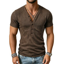 Herren-Rippstrickhemd, V-Ausschnitt, Kurzarm, Slim Fit, Muskelshirt, Figurbetont, Lässig Dunkelbraun XL