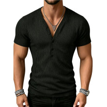 Herren-Rippstrickhemd, V-Ausschnitt, Kurzarm, Slim Fit, Muskelshirt, Figurbetont, Lässig Schwarz S