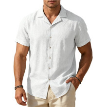 Mens Linen Shirts Short Sleeve Casual Shirts Button Down Shirt for Men Beach Summer Wedding Shirt White XXXL