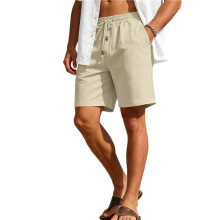 Heren Linnen Shorts Casual Elastische Taille met Touwtje Strand Vakantie Yoga Shorts met Zakken Khaki XXL