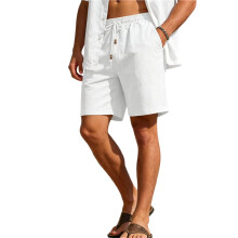 Heren Linnen Shorts Casual Elastische Taille met Touwtje Strand Vakantie Yoga Shorts met Zakken Gebleekt Wit XXL