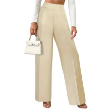 Women High Waist Pleated Wide Leg Pants Apricot Color L