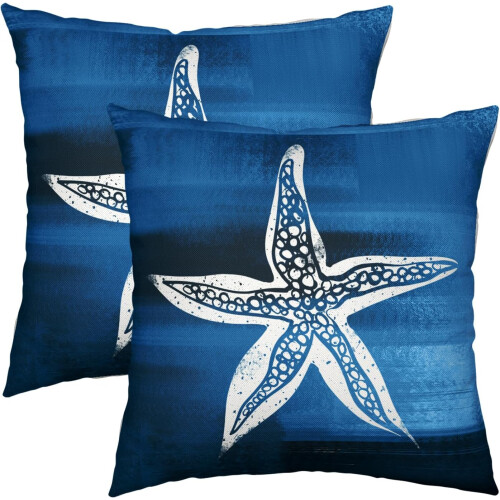 Conjunto de 2 capas de almofada em linho azul-marinho com estampa de estrela-do-mar, 50x50cm (20x20 polegadas).
