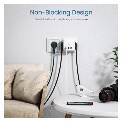 Régua de energia 7 em 1 com 3 tomadas CA, 3 portas USB e 1 2