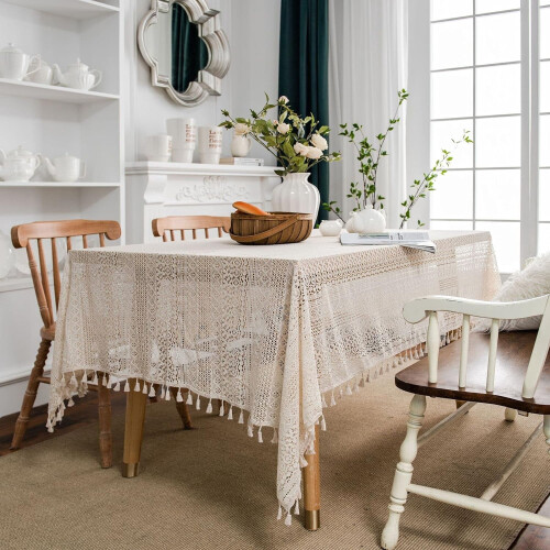 Háčkovaný obrus so strapcami, boho čipka, 60x60 palcov 1