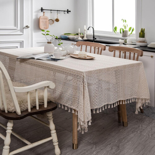 Háčkovaný obrus so strapcami, boho čipka, 60x60 palcov 2