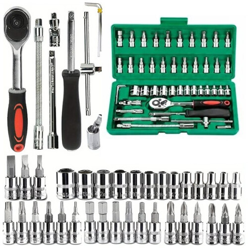 Conjunto de 46 Peças de Ferramentas Domésticas de 1/4" com Soquetes, Soquetes de Bits Hexagonais Métricos e Chave de Catraca em Polegadas.