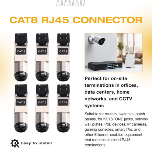Conector Cat8 RJ45 Blindado Plug de Terminação Reutilizável Plug Modular Ethernet para Cabo Ethernet LAN Sólido e Trançado 1