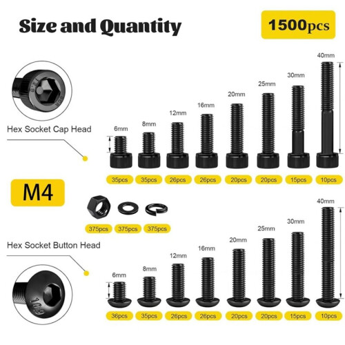 1500PCS M4 Screws with Nuts Assortment Kit, M4 Hex Socket Button & Cap  Bolts Nut and Washers Set for 3D Printer 2