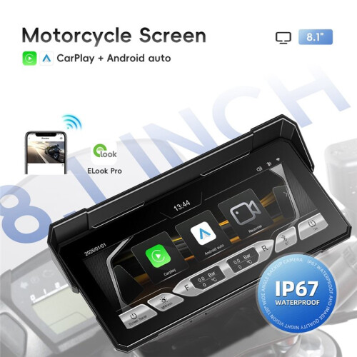 Tela de 8,1 Polegadas para Motocicleta com CarPlay, Android Auto, Sistema de Navegação com Câmeras Frontal e Traseira, Câmera Veicular 1080p e 2