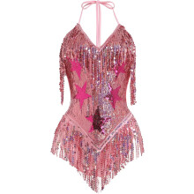 Body pour Femme Brillant avec Franges Sexy pour Festival Soirée Rose S — tenue danse cabaret