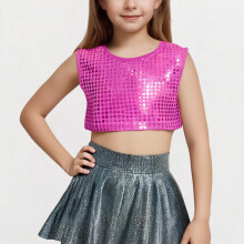 Kids Sequin Crop Top Sleeveless Round Neck Dancewear