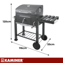 Houtskoolgrill voor in de tuin met hoes, gietijzeren rooster en thermometer.