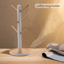 Wooden Mug Hanging Display Rack Drinkware Shelf with 6 Hooks Tree Shape Wood Coffee Tea Cup Storage Holder Stand White