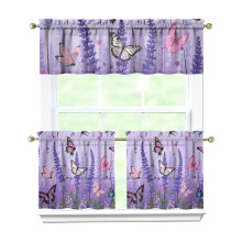 Purple Lavender Flower Butterflies Kitchen Curtains Set