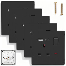 5 Pack USB Wall Socket with USB-A & USB-C Ports, UK 13A Single Switched Electrical Plug Socket with LED Indicator, Black