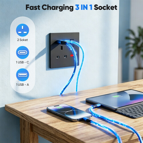 5 Pack USB Wall Socket with USB-A & USB-C Ports, UK 13A Single Switched Electrical Plug Socket with LED Indicator, Black 2