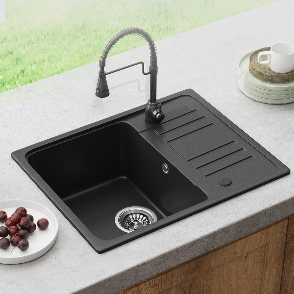 Photos - Kitchen Sink Granite Quartz Single Bowl 57x45cm with Waste Strainer Kit Black
