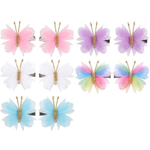 Presilha de cabelo borboleta colorida, 10 unidades, 5 cm (2 polegadas), tule.