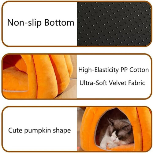 Pumpkin Cat Bed Halloween Shape with Removable Cushion and 2
