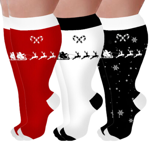 Christmas Compression Socks Wide Calf Knee Length 3 Pairs