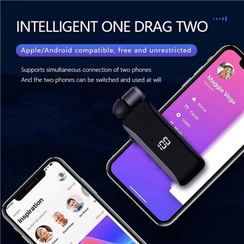 2X LED Power Digital Display  Wireless Headphones Retractable Collar Clip Single Headset Retractable with Wire 2