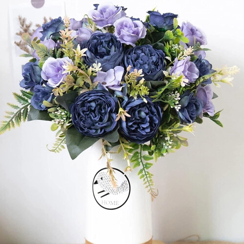 Artificial Peonies Bouquet Vintage White Silk 5-Head Blue 1