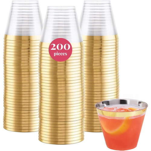 Gold Rimmed Disposable Plastic Wine Glasses 9 oz
