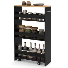 Carrito de cocina delgado, 4 niveles, 20 cm de ancho, negro, con ruedas