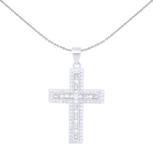 Jewelco London Unisex Rhodium Silver White Baguette CZ Encrusted Latin Cross Pendant - APX059