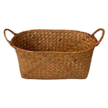 Panier de rangement ovale en jonc de mer tissé à la main, jaune naturel.