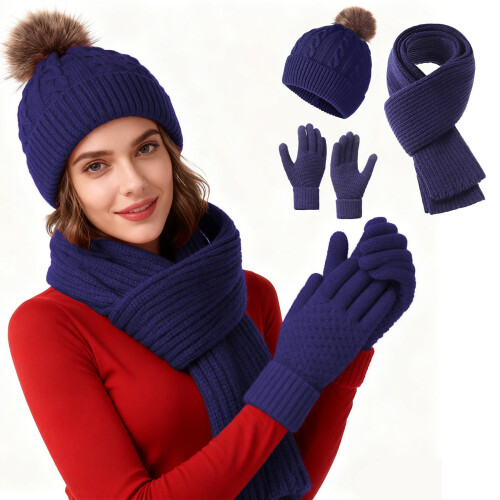 Winter Hat Beanie Scarf Gloves Set Navy 3Pcs