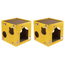2X Kattenkartonnen Huis met Krabmatten, Gegolfd Kartonnen Bed, Kattenbak, Kattenbed voor Kat, Kleine Dieren, Konijn, Binnen