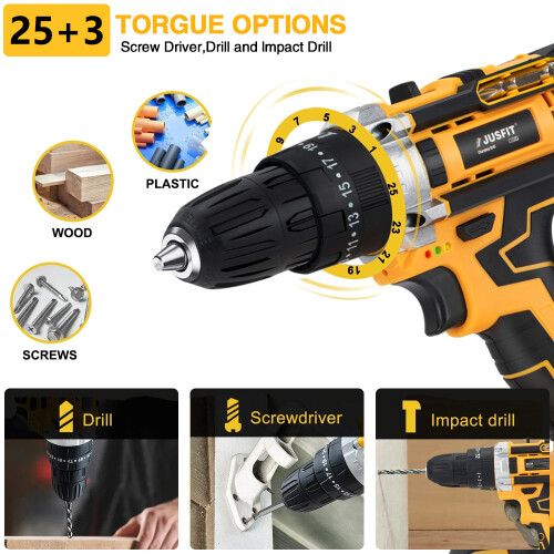 (2 Battery) Electric Cordless Drill Combi Driver 25+3 Torgue Options 2