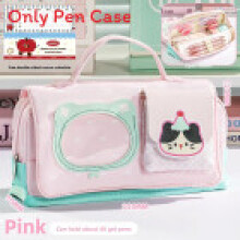 (Pink) Magnetic Cat Cartoon Closure Large Pen Bag Material Supplies School Elementary
