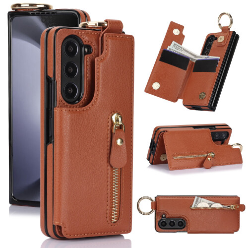 Samsung Galaxy Z Fold5 plånboksfodral brunt PU-läderfodral