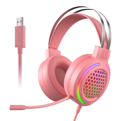 Pink Wired Gaming Headset with Mic 7.1 Surround RGB