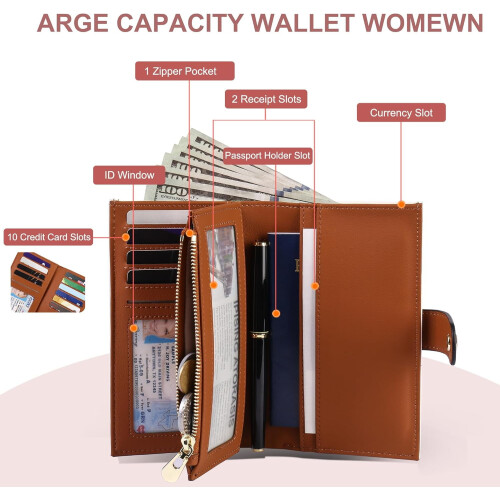 Women's Leather Trifold Wallet with RFID Blocking and Pen 1