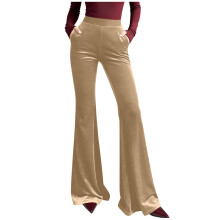 Pantalon palazzo en velours kaki pour femme, taille haute élastique