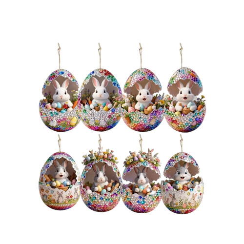 Easter Wooden Bunny Egg Keychain Set 6 pcs