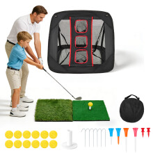Portable Golf Chipping Net Set with 3 Target Heights, Dual Turf Practice Mat, Foldable Golf Training Equipment for Indoor Outdoor Use