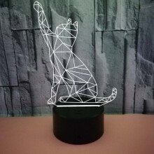 (Black) Geometric Cat 3D LED Night Light 7-Colour Changing Touch Control Table Lamp Kids Gift