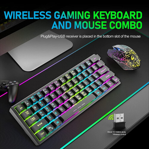 T61 Wireless Gaming Keyboard and Mouse Combo 61-Key Rainbow 1