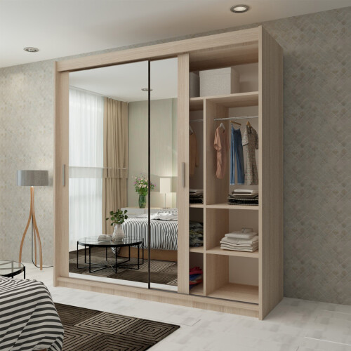 MN Furniture (Oak,  203cm) Double Sliding Doors Mirrored Wardrobes 1